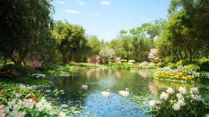 Fototapeta premium Tranquil Wetlands: Serene Pond with Ducks in Lush Urban Oasis - 3D Render