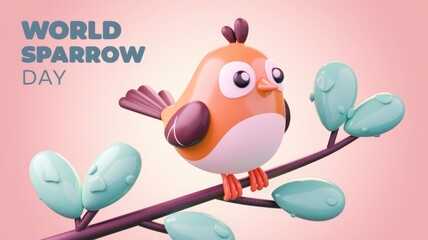 A cute cartoon sparrow perched on a branch  celebrating World Sparrow Day