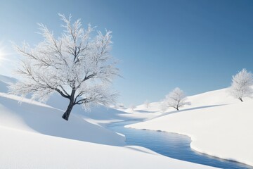 Obraz premium A serene winter landscape with frozen streams and frosted trees under a clear blue sky