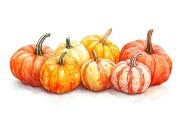 Fototapeta premium A watercolor painting of six colorful pumpkins with varying shades of orange and yellow.