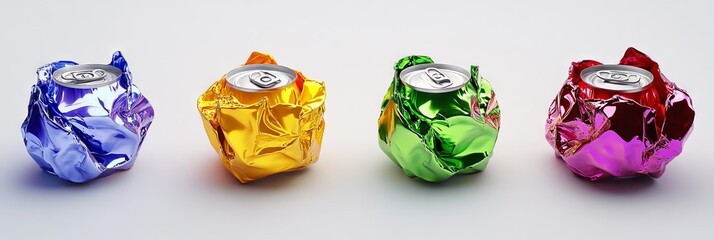 Vibrant Crumpled Soda Cans in Vivid Colors on a White Background. AI generated illustration