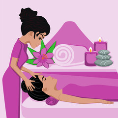 Relaxation massage. Therapy and treatment by professional therapist in SPA. Isolated flat vector illustration. Indian ethnicity.