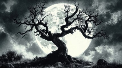 Gnarled silhouette of a tree against a bright full moon in the night sky