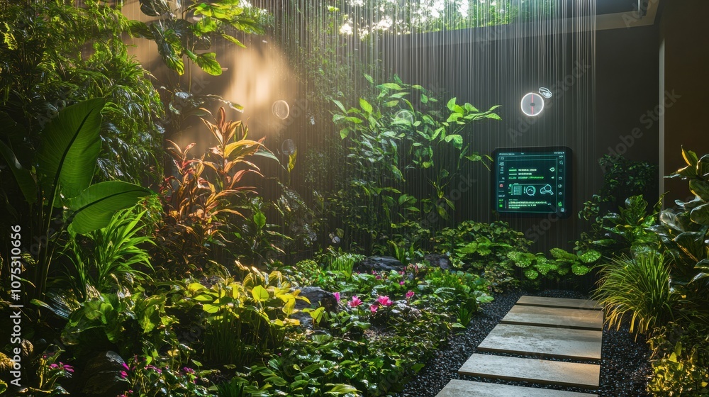 Poster a vibrant indoor garden equipped with smart technologies that optimize watering and monitor soil hea