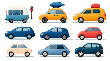 Colorful cartoon cars in various styles and shapes, showcasing diversity in design