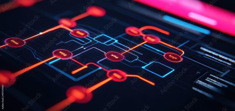Poster A vibrant digital network diagram featuring interconnected nodes and pathways, showcasing modern technology and data flow.