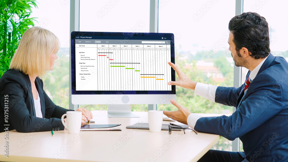 Poster project planning software for modish business project management on the computer screen showing time