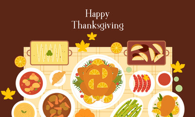 Traditional Thanksgiving Dinner Table Top View Flat Design. Thanksgiving Eating Cuisine Dishes View from Above Illustration
