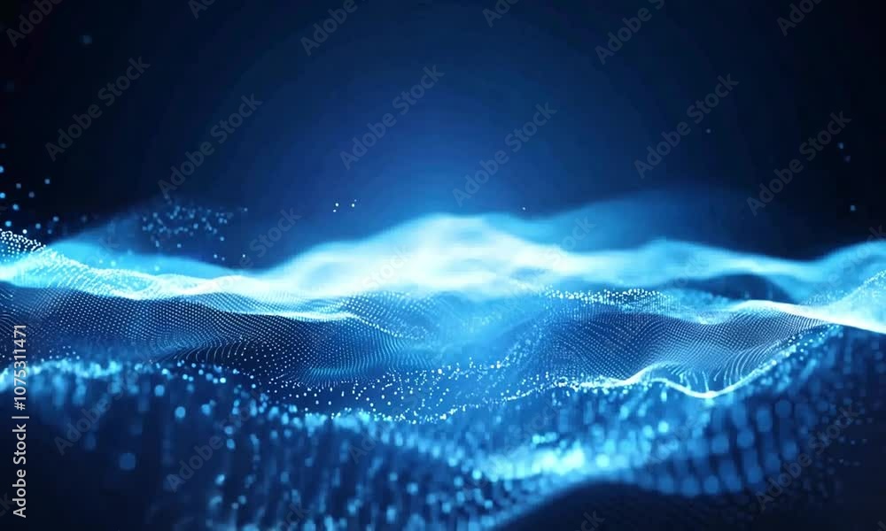 Poster abstract blue glowing background with futuristic waves of particles and dots, data flow in the dark 