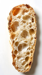 Slice of baguette with crispy golden brown crust isolated on white background