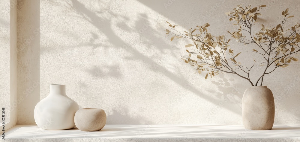 Aufkleber a serene, minimalist arrangement featuring earthy vases and delicate branches, illuminated by soft l