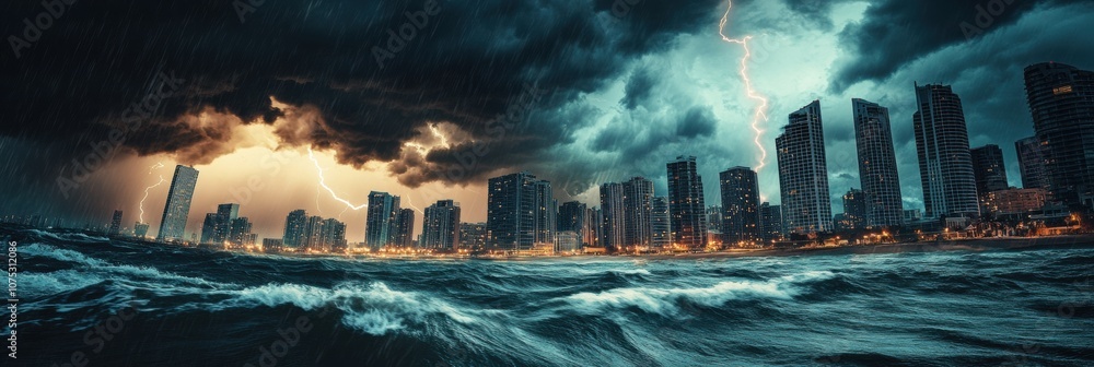 Poster dark storm clouds gather ominously over the coastal city, with lightning streaks illuminating the sk
