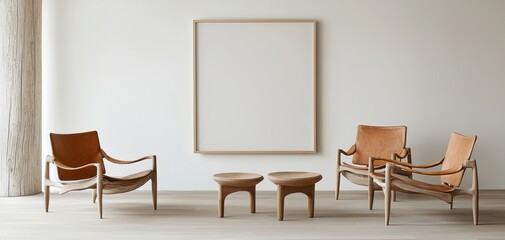 A minimalist interior featuring three leather chairs and a central table, set against a clean wall with a blank frame.