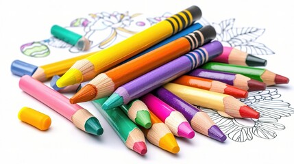 Fototapeta premium Colorful Crayons and a Vibrant Coloring Book Page, Ideal for Creative Play, Art Projects, and Relaxation Activities for All Ages