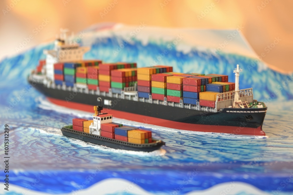 Poster A model ship with many containers sailing on the ocean