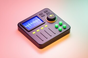 A black sound mixer with a digital display and green buttons.
