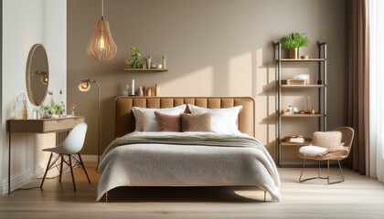 Luxury home bedroom interior with bed and beauty table with chair, shelf