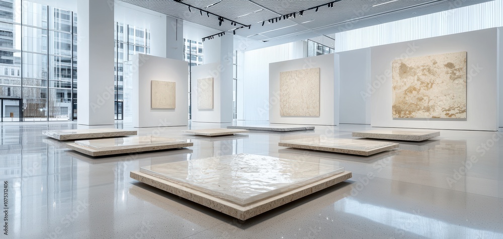 Aufkleber a modern art gallery featuring minimalist artworks displayed on white walls and reflective floors, c