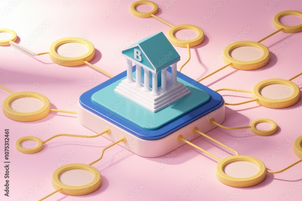 Poster a 3d illustration of a bank connected to various nodes symbolizing financial interconnectedness.