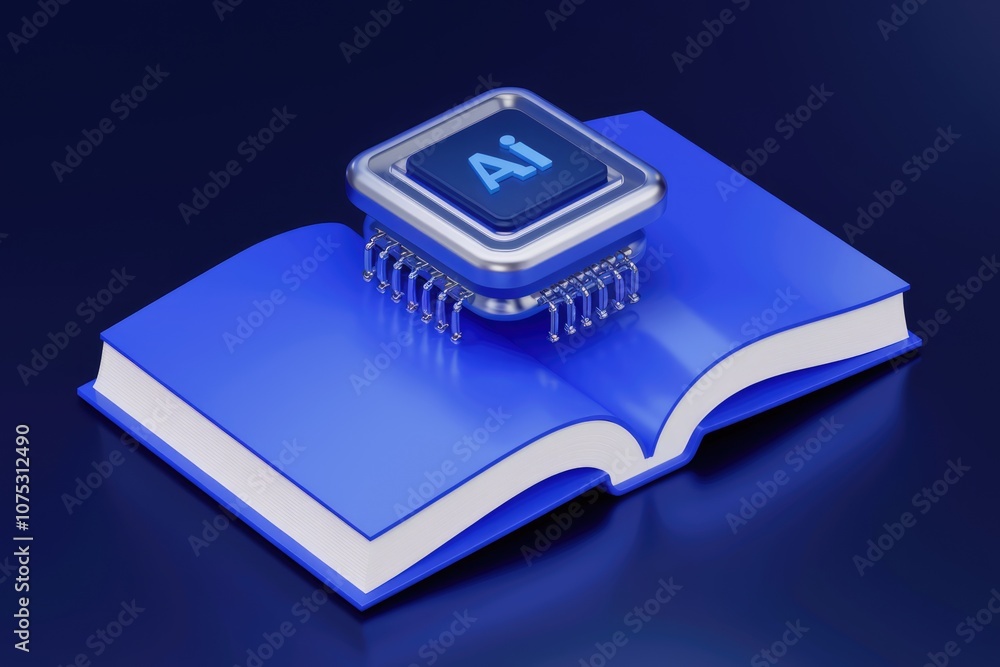 Poster ai chip on an open book symbolizing ai and learning.