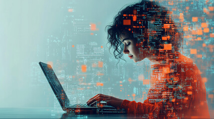 Software developer is coding on her laptop with a digital binary code programming interface