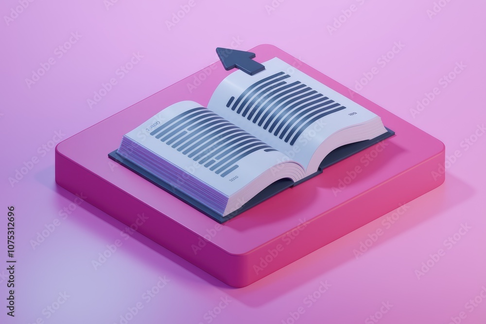 Leinwandbilder an open book on a pink platform with an arrow pointing up