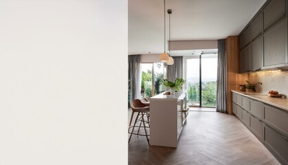 Luxury home kitchen interior with bar counter and window. Mockup poster