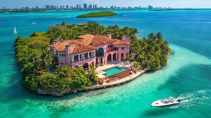 Aerial View of Luxury Mansion and Bimini Island Villa in Miami. AI generated illustration