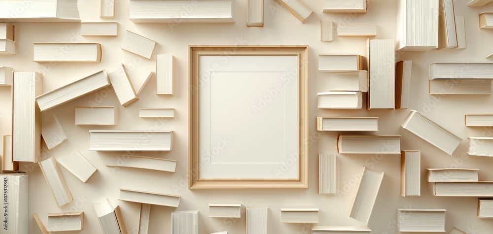 Aufkleber A blank frame surrounded by an arrangement of wooden books creates a minimalist, artistic display inviting creativity and inspiration.
