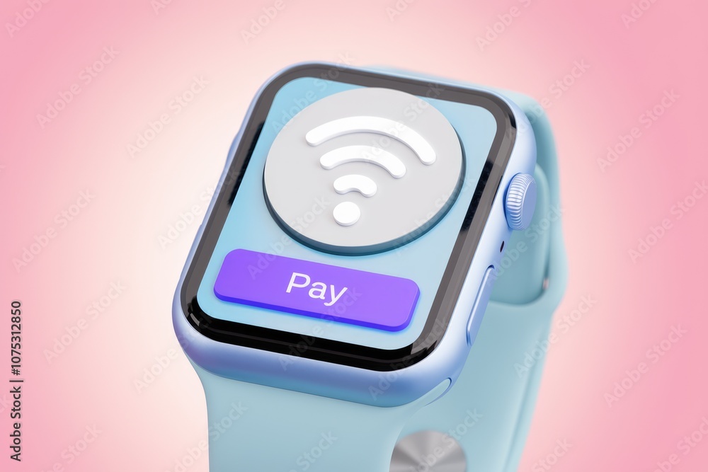 Poster smartwatch with a pay button and a wi fi icon on the screen