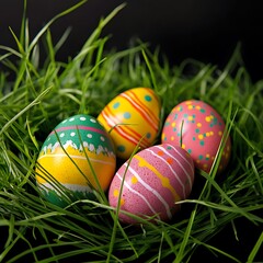 A colorful arrangement of decorated Easter eggs nestled in a bed of fresh green grass