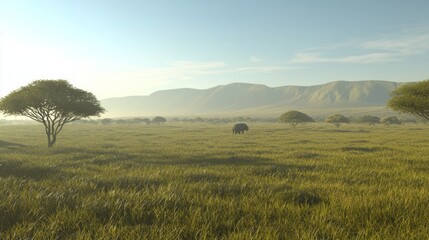 Fototapeta premium Urgent Call to Protect Wildlife: 3D Render of Majestic Savanna with Elephants and Poaching Scene in the Distance | Ultra-Detailed Environmental Artwork
