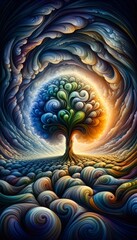 A single tree made of swirling, centered, surreal, abstract, dreamscape-style liquid spirals