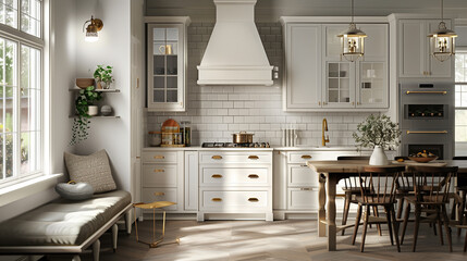 American kitchen with classic white cabinetry, subway tile backsplash, brass handles, and a wooden breakfast nook with cozy upholstered seating.  home interior 