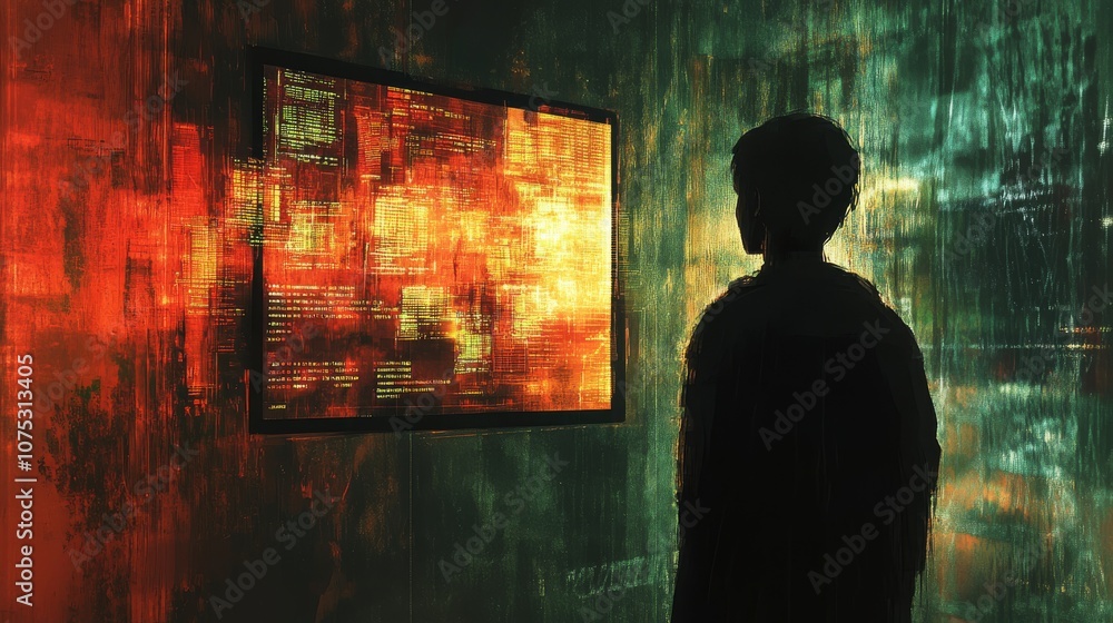 Poster silhouette of a person observing a digital display of code in a grungy room