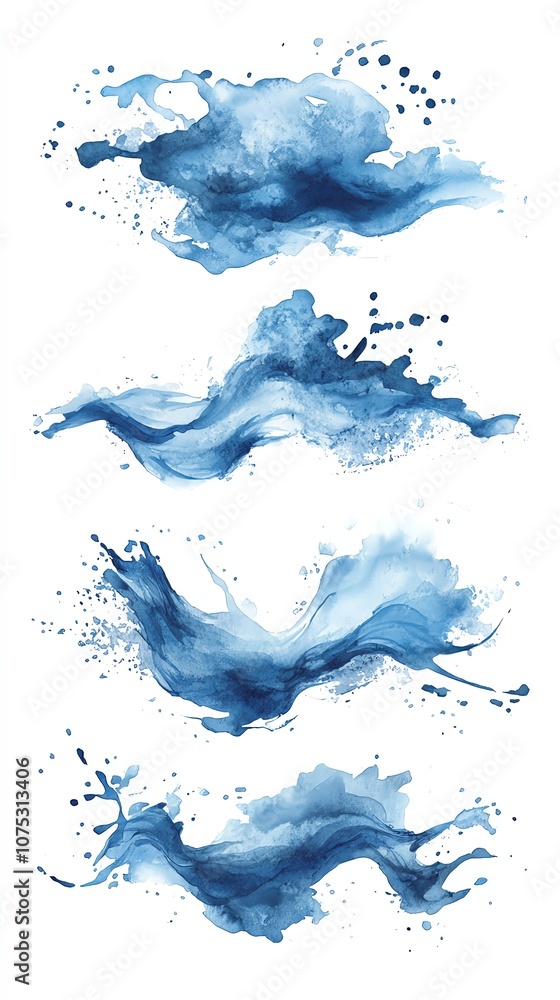 Poster abstract watercolor blue paint splashes in various shapes and sizes on a white background.