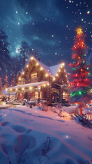 Obraz premium A cozy winter cabin with colorful Christmas lights, a snow-covered roof, and a cartoon Christmas tree in the yard.