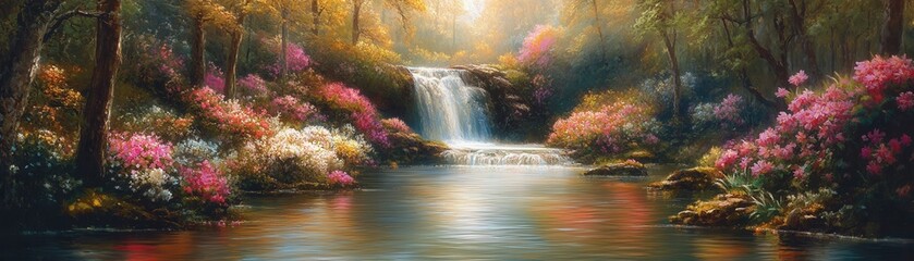 Obraz premium A serene landscape featuring a tranquil waterfall surrounded by vibrant flowers, creating a peaceful, picturesque scene.