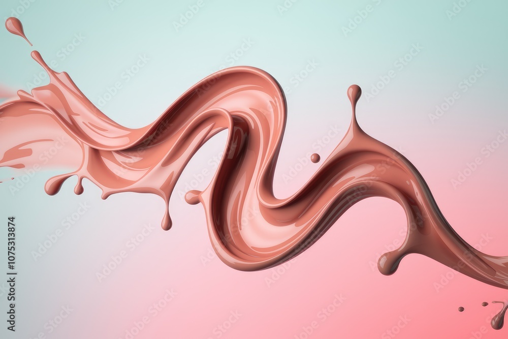 Poster A splash of brown liquid forms a dynamic and abstract shape against a soft pink and blue background.