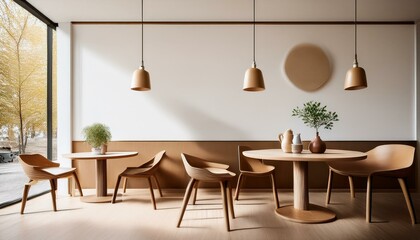 Minimalist cafe interior with table and chairs in focus. 3D Rendering