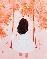 A girl with long brown hair is sitting on a swing. The image has a calm and peaceful mood.