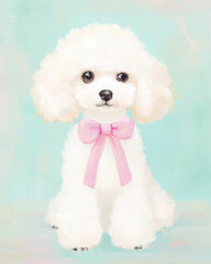 illustration of poodle dog with pink bow in pastel colors
