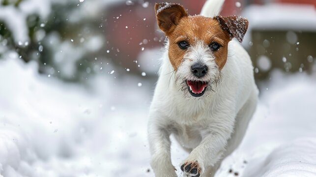 A snowy day where a playful dog is running happily with snow being kicked up behind it.