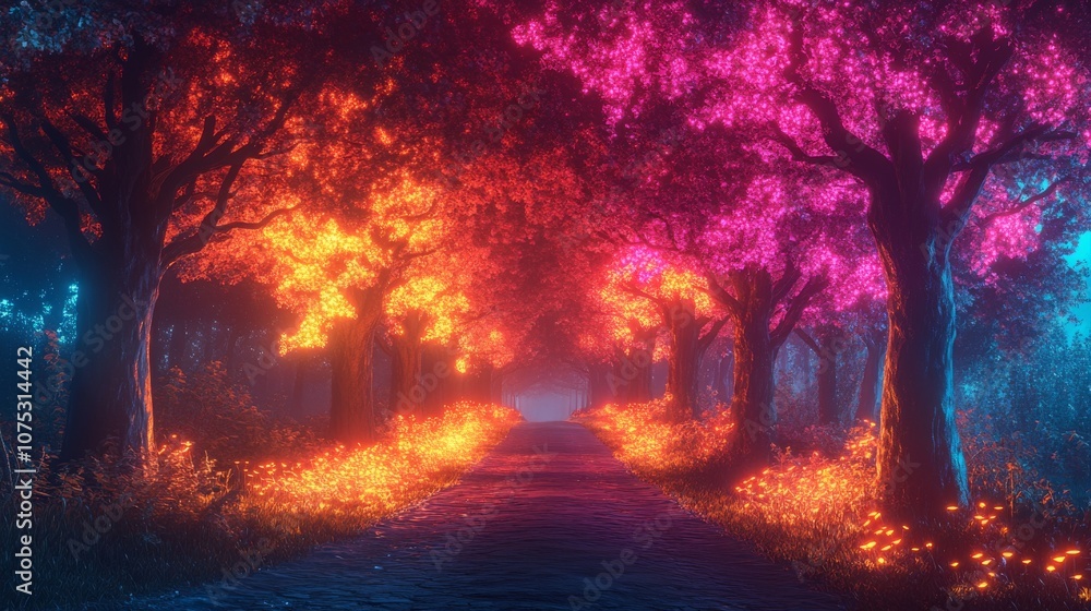 Poster luminous trees and glowing path in an enchanted forest