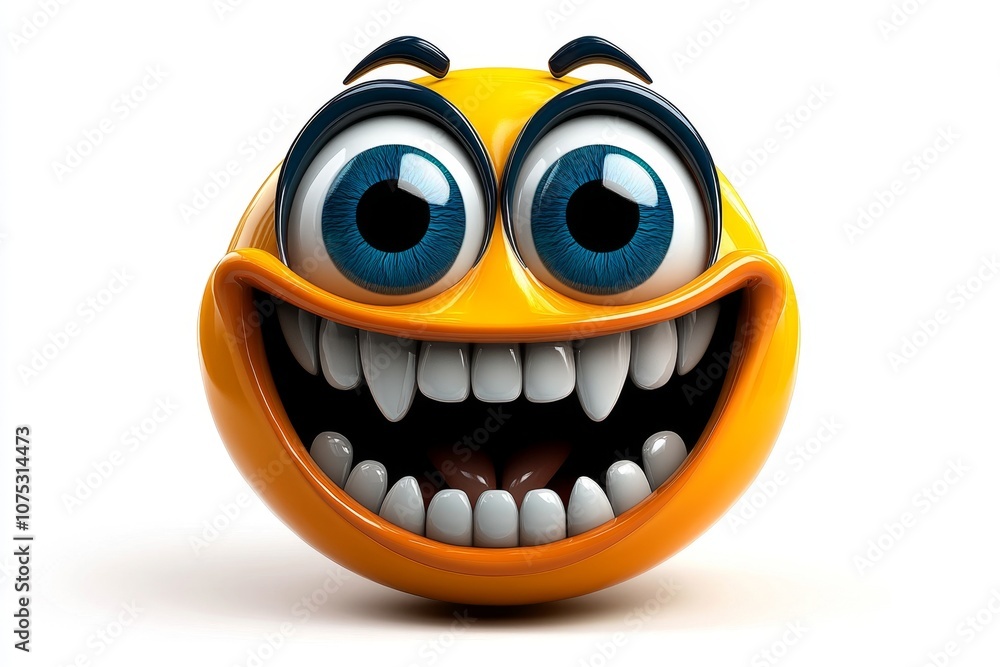 Poster 2d illustration of a happy face with big eyes and a broad smile, on a white background in bright col