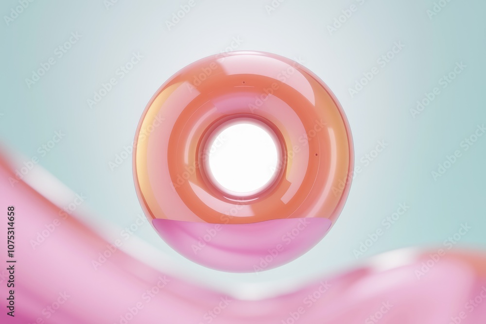 Poster a pink and orange donut with a hole in the middle floating in a blue and pink background.