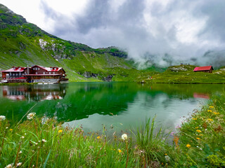 Aerial view of lake Balea and Transfagarasan road in the Fagaras Mountains, Romania