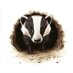 Fototapeta premium A charming badger emerging from its burrow against a white isolated background.