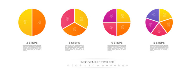 Circle division vector infographics icon set from 2 to 5. Different color circles chart divided 2, 3, 4, 5 equal parts. Business round diagram with same size sectors, fraction.