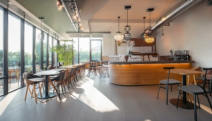 Modern cafe interior with bar island and dining tables with chairs in row